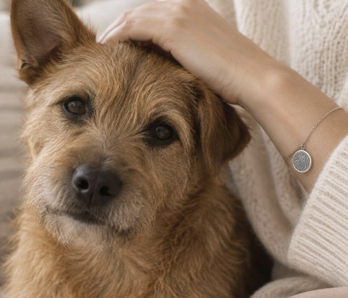 A rough-coated tan terrier resting with its sterling silver nose-print bracelet