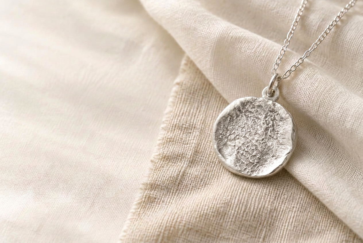 An organic silver pet nose-print pendant on warm ivory linen